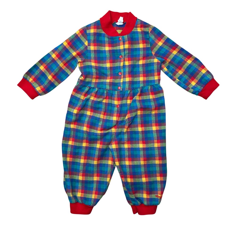 Vintage Mufflings Plaid Pajamas Romper Jumpsuit Kids Size 2T Red Japan Style USA